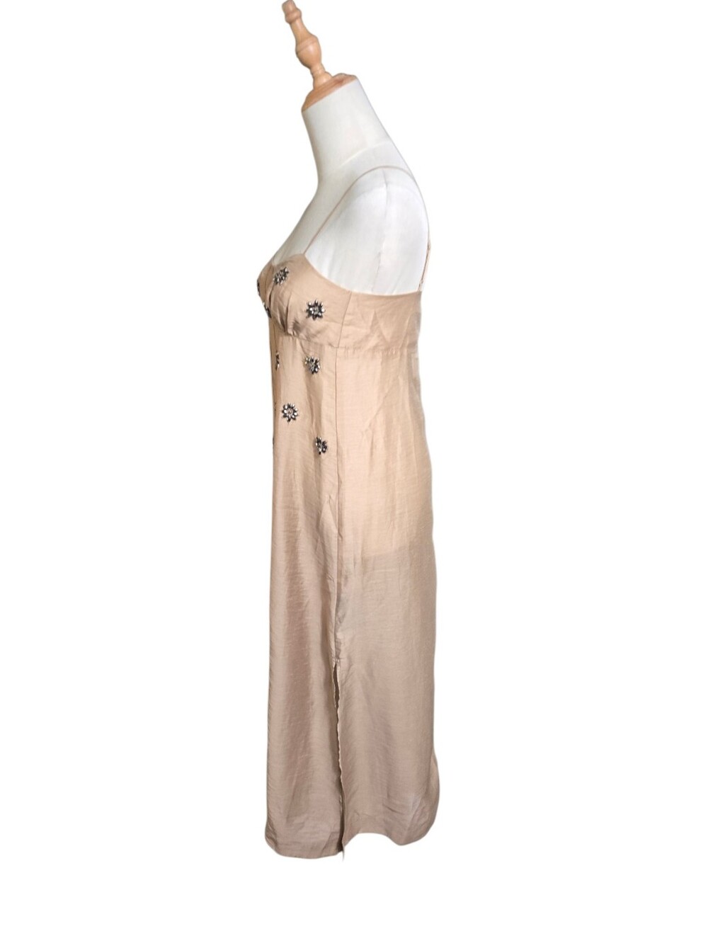 H & M Edition Beige Sheer Embellished Spaghetti Strap Linen Blend Maxi Dress NWT - Picture 6 of 7